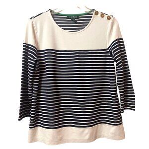 Lauren Ralph Navy Blue Stripe Pullover Sweater Top, Medium